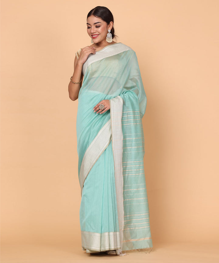 Aqua offwhite cotton silk handloom maheshwari saree