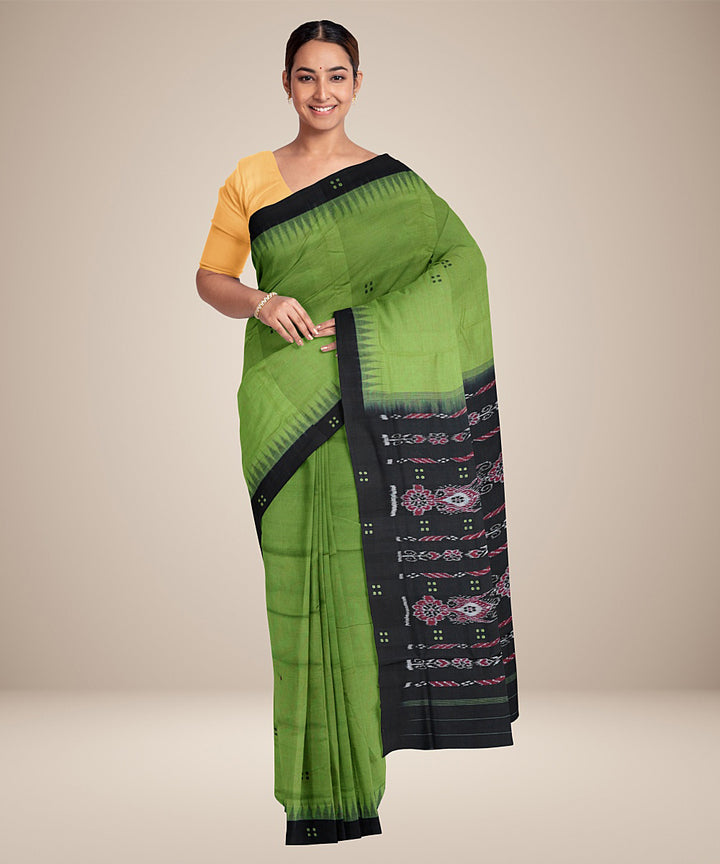 Citron green black cotton handwoven nuapatna saree