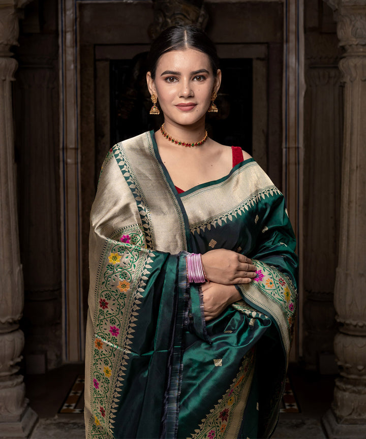 Dark green traditional handwoven banarasi silk saree