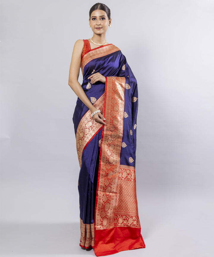 Navy blue red border silk handwoven banarasi saree