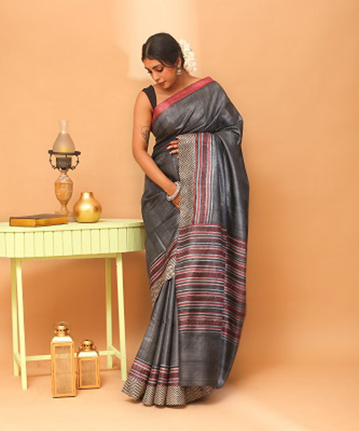 Charcol black chhattisgarh handloom tussar silk saree
