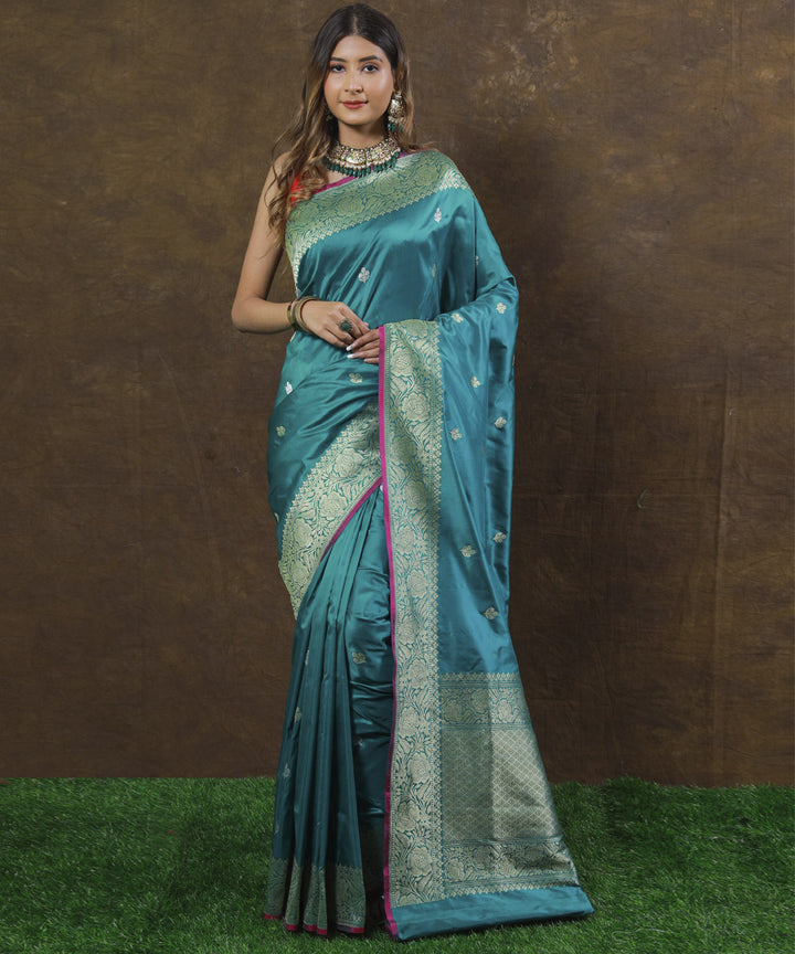 Turquoise silk handwoven banarasi saree