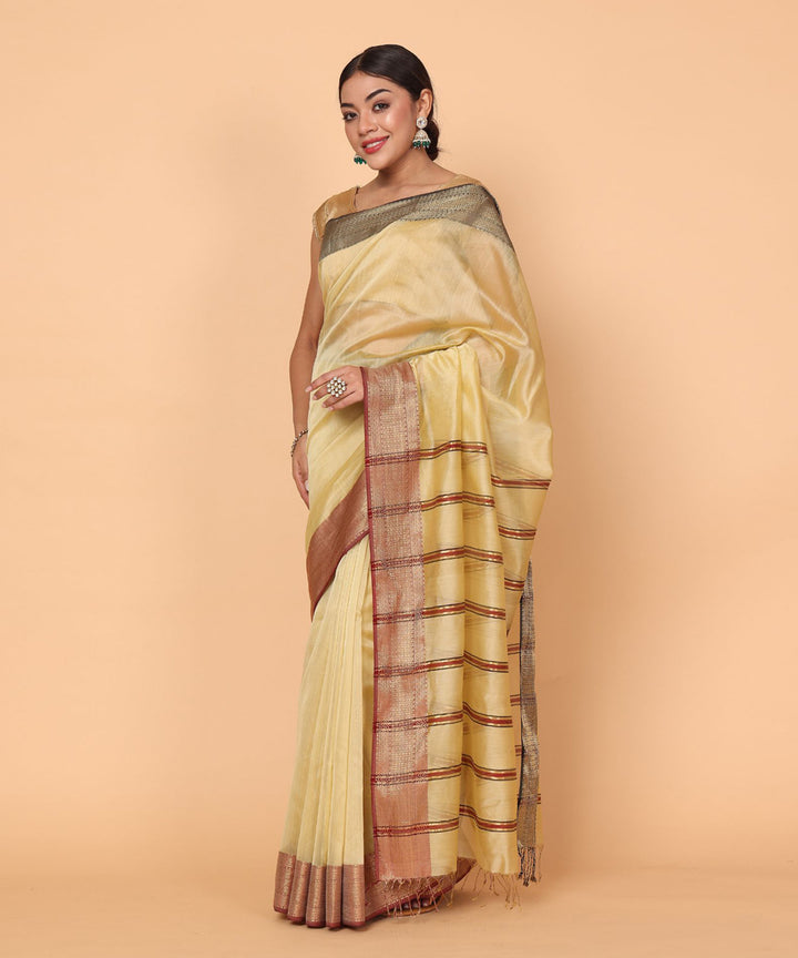 Yellow handloom cotton silk maheshwari saree