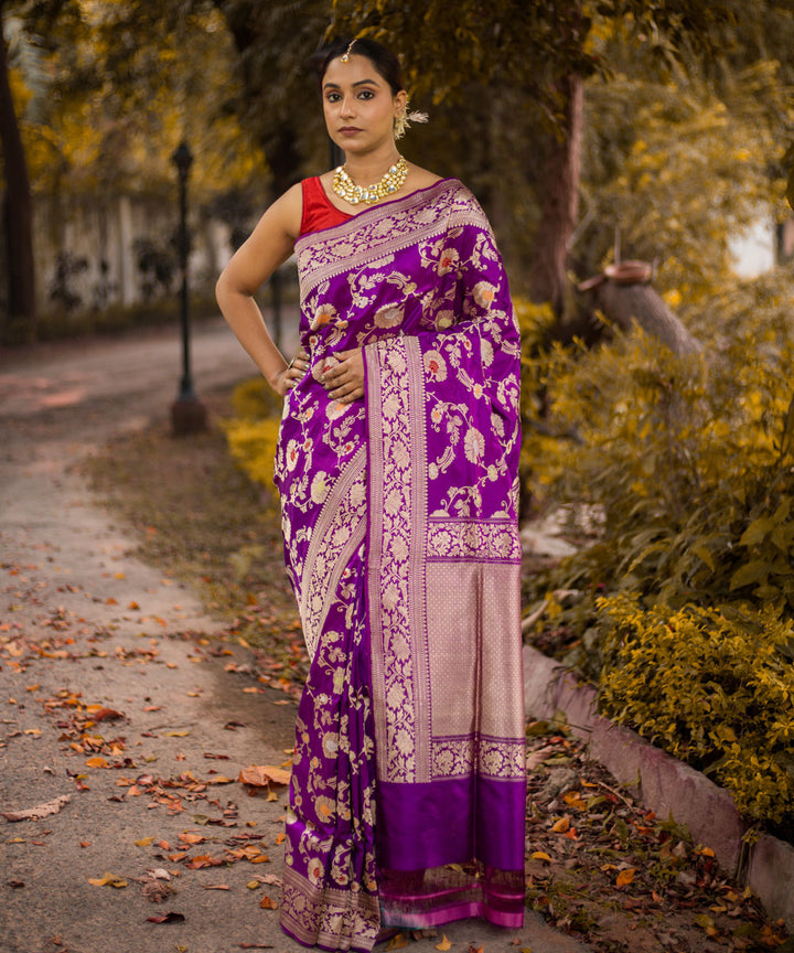 Purple jangla handwoven banarasi silk saree