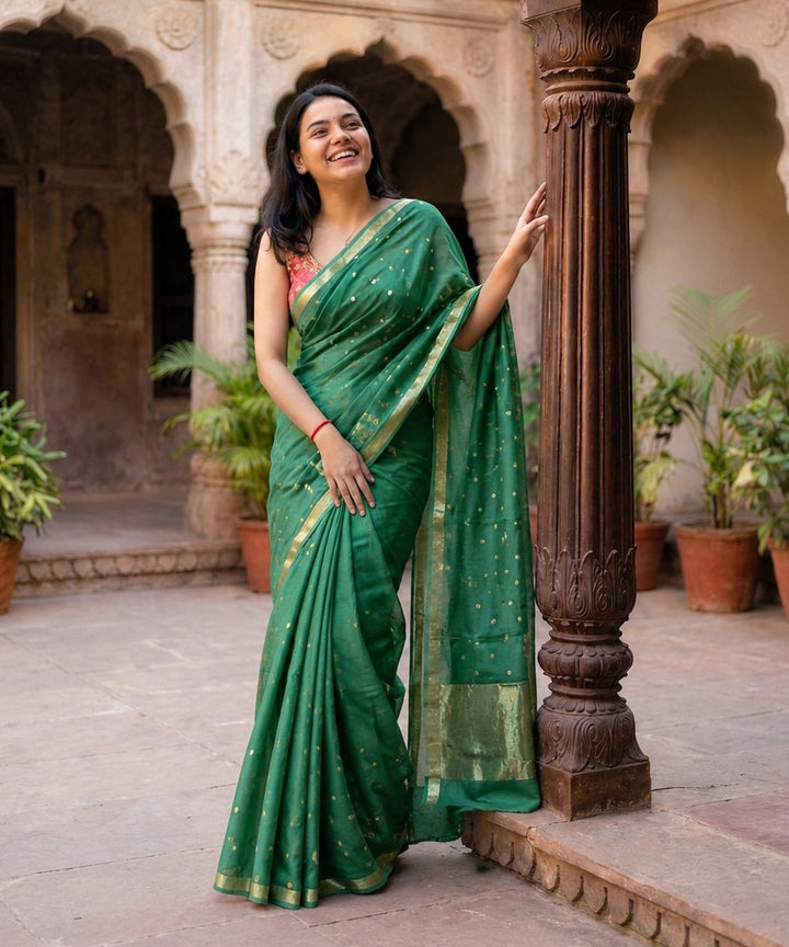 Dark green buti chanderi cotton silk saree