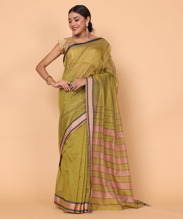 Olive green black cotton silk handloom maheshwari saree