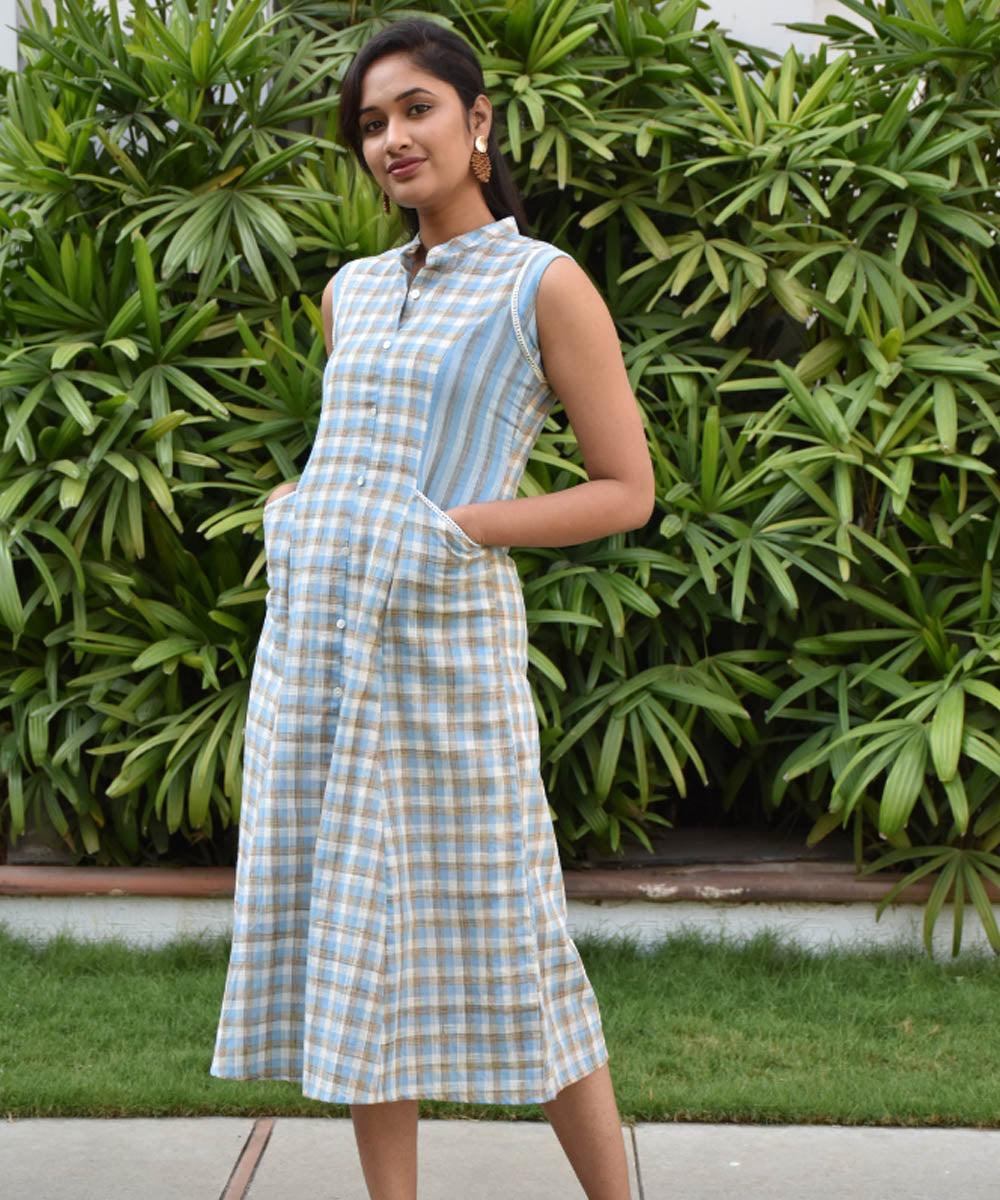 Blue checks and stripes sleeveless cotton dress