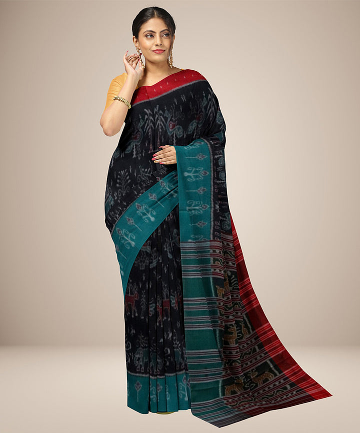 Black multicolour animal motif cotton handwoven nuapatna saree