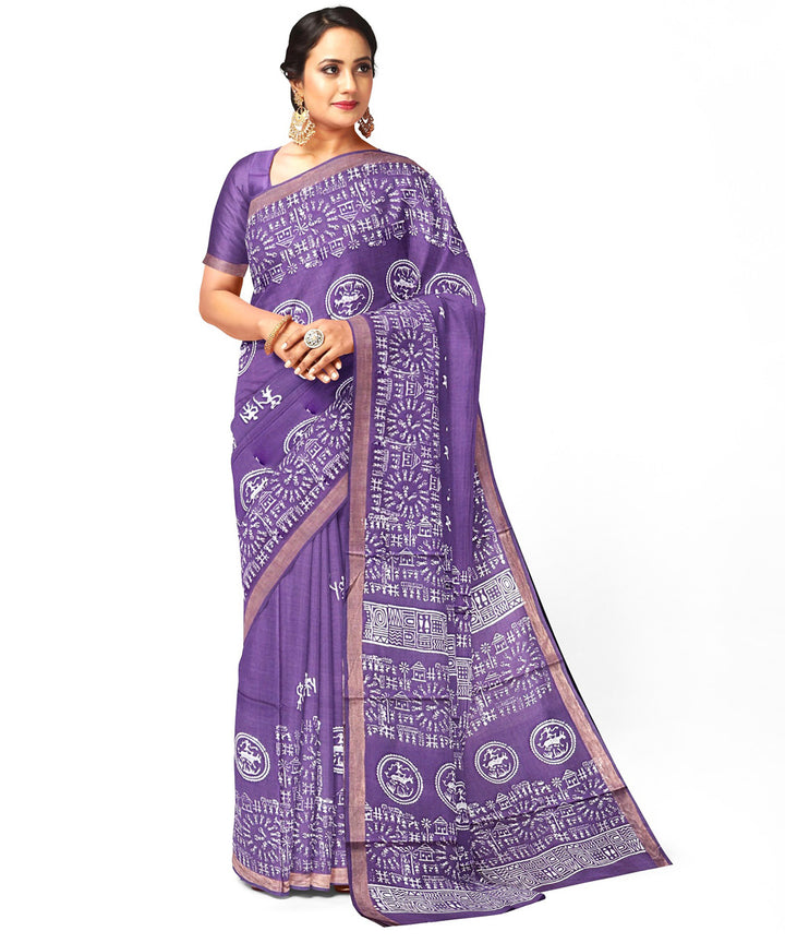 Dark lavender temple border tussar silk handwoven odisha ikat saree