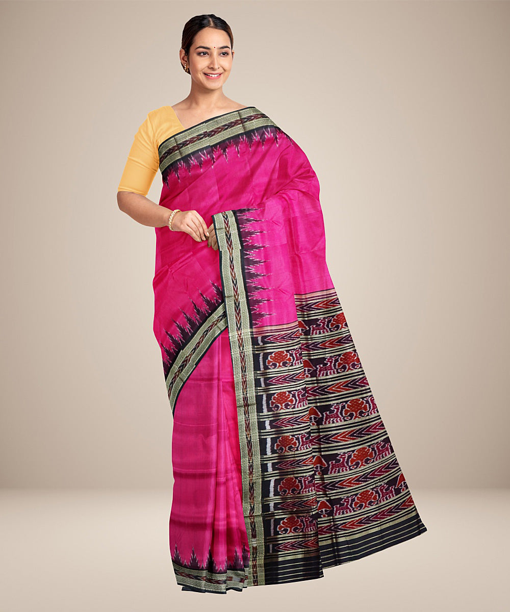 Pink black silk handwoven khandua saree