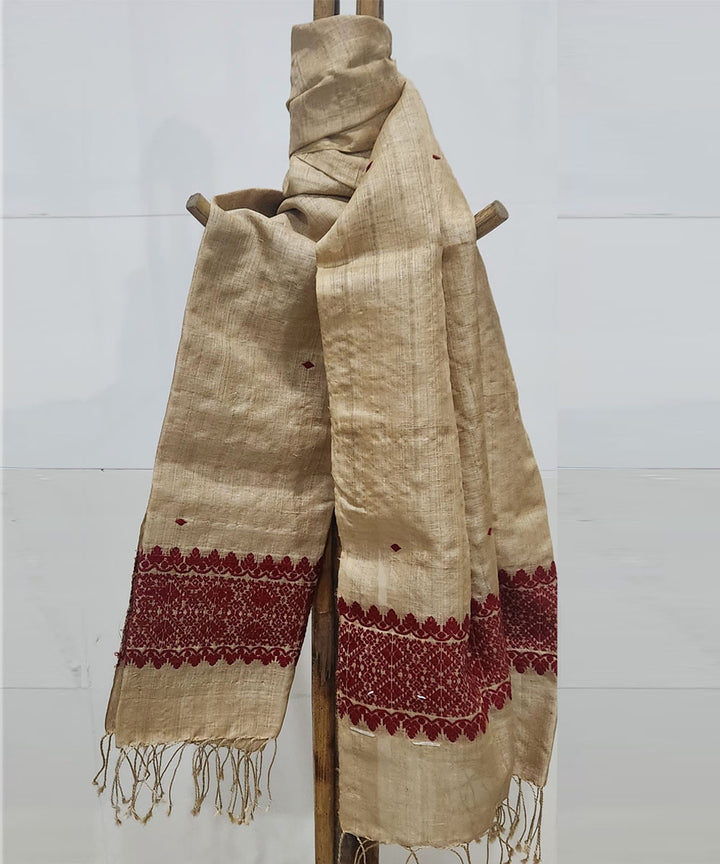 Beige red handloom silk assam stole
