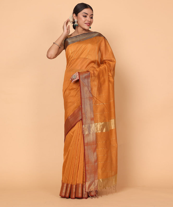 Orange maheshwari cotton silk handloom saree