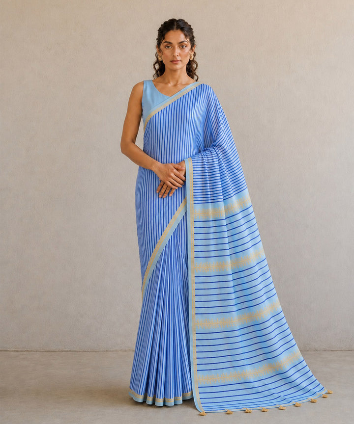 Sky blue golden hand embroidered chanderi silk saree