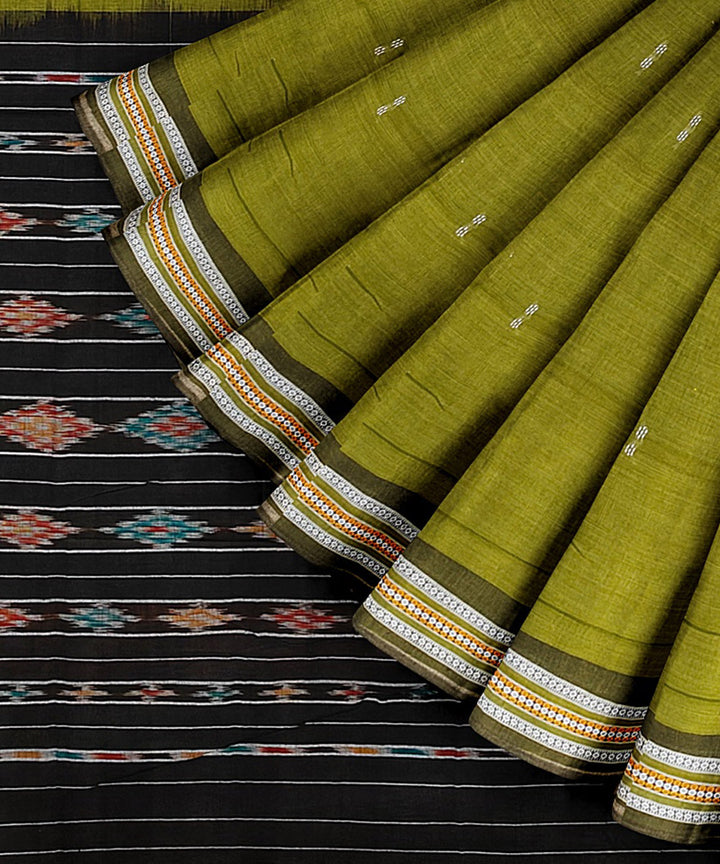 Olive green black cotton handwoven nuapatna saree