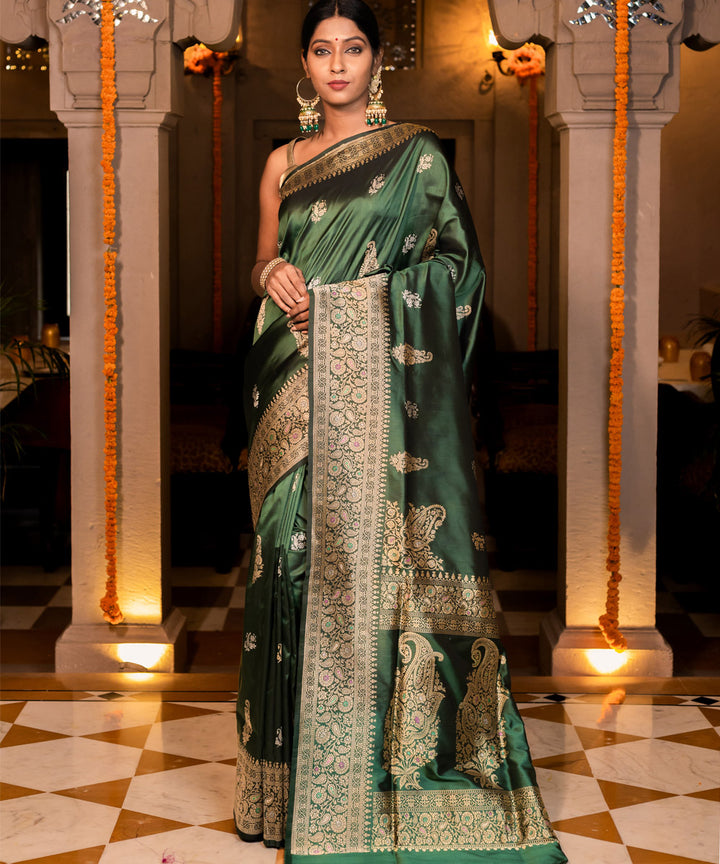 Dark green boota silk handwoven banarasi saree