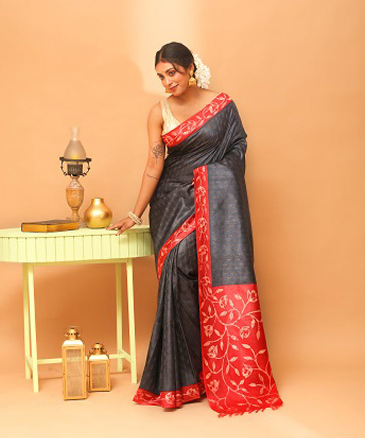 Black red chhattisgarh tussar silk handloom saree