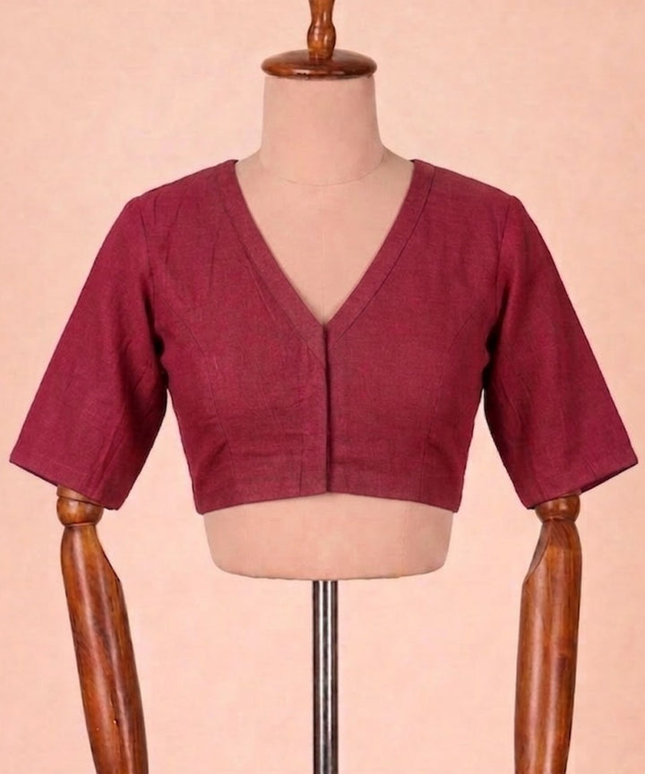 Maroon cotton v neck front opening blouse