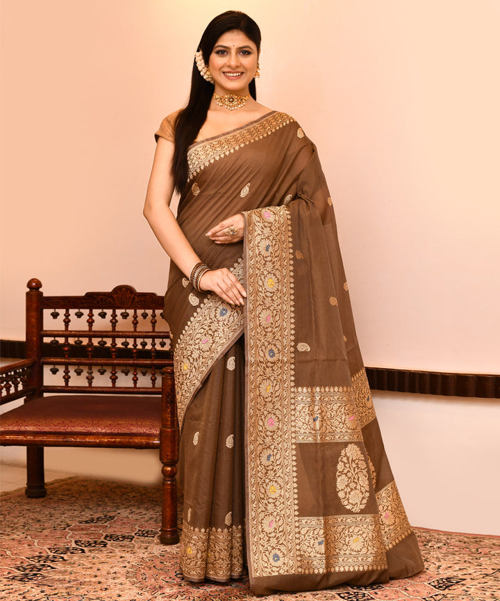 Light brown handwoven banarasi silk saree