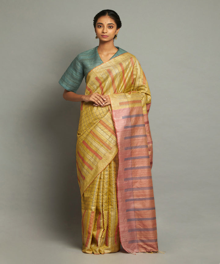 Yellow tussar silk hand loom chhattisgarh kosa saree