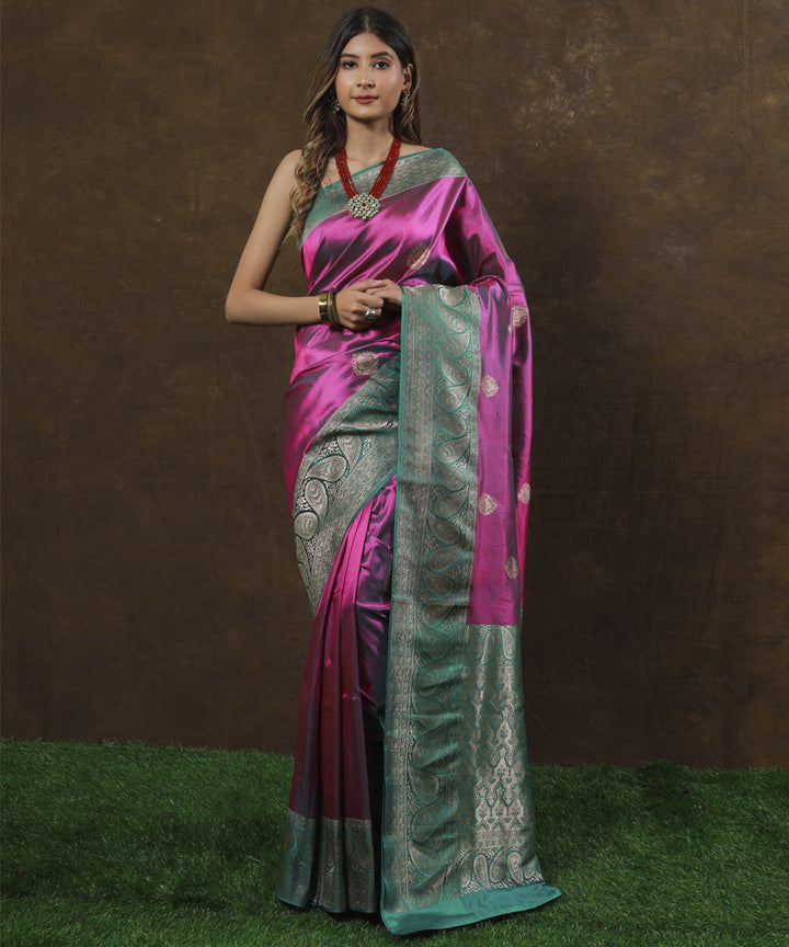 Purple green border silk handwoven banarasi saree