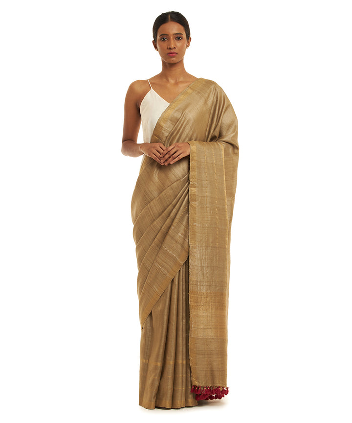 Handwoven khaki kosa saree with gold silver zari