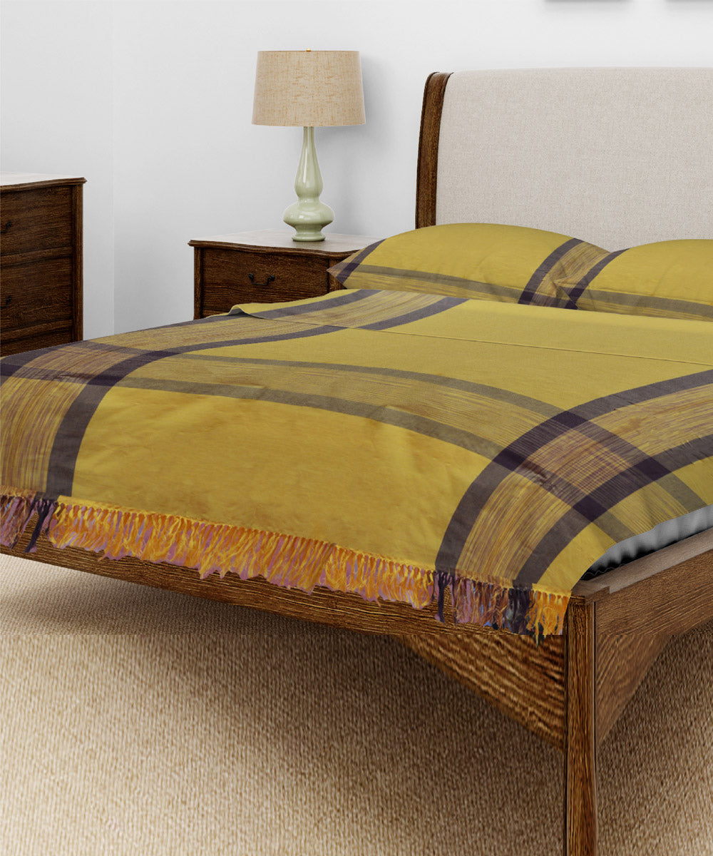 Yellow brown handwoven cotton double bed king size bedcover