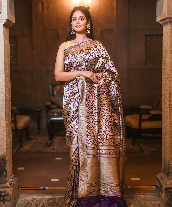 Navy blue handwoven silk banarasi saree