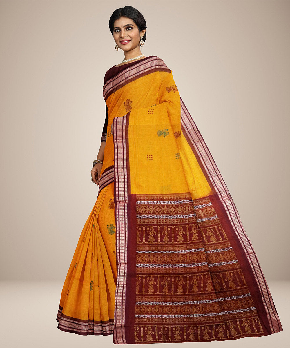 Yellow red cotton handwoven bomkai saree