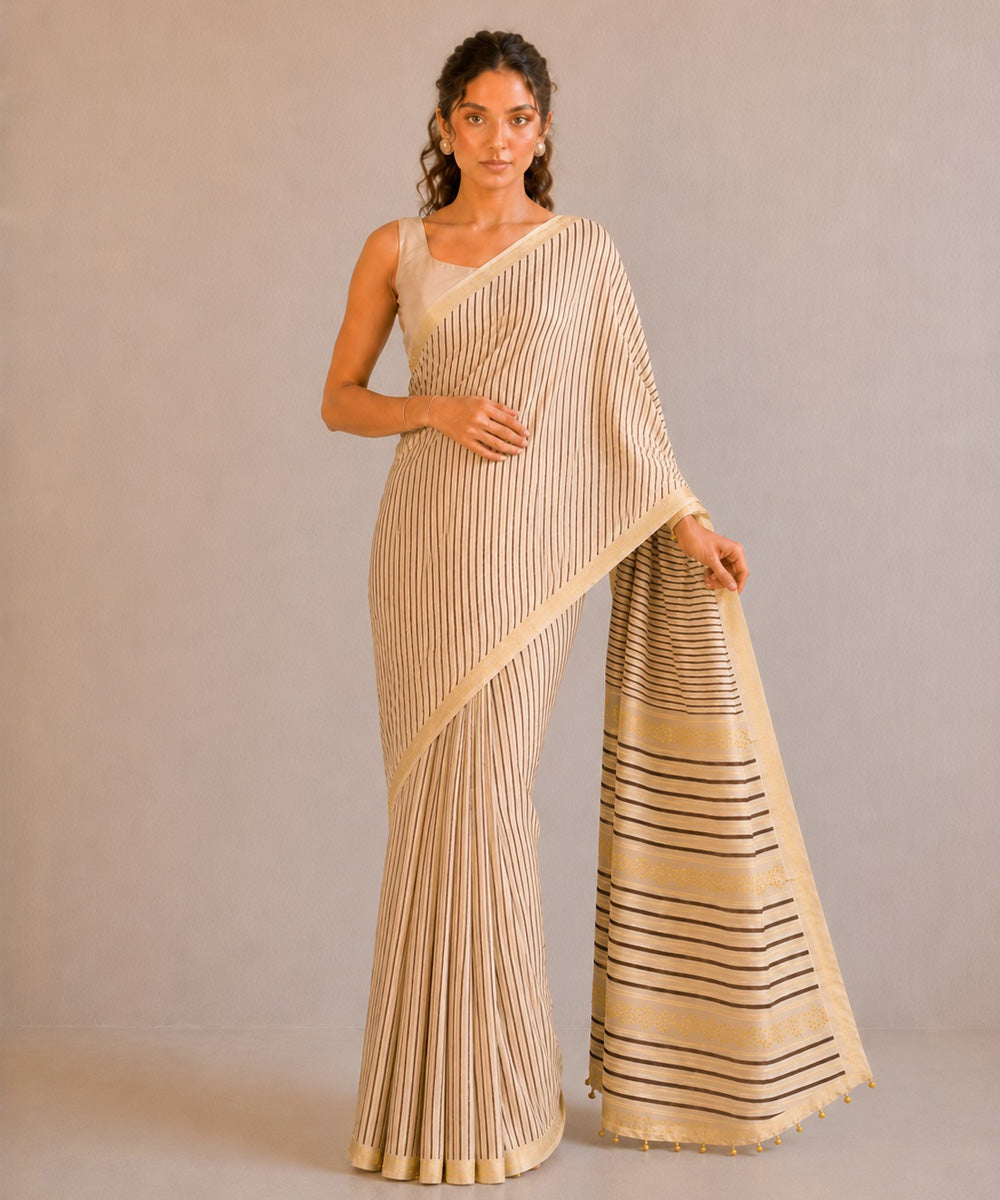 Brown golden hand embroidered chanderi silk saree