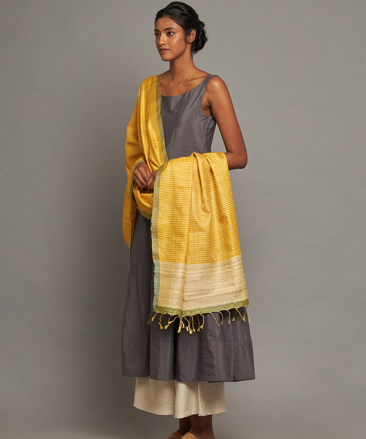 Yellow beige handwoven kosa silk dupatta