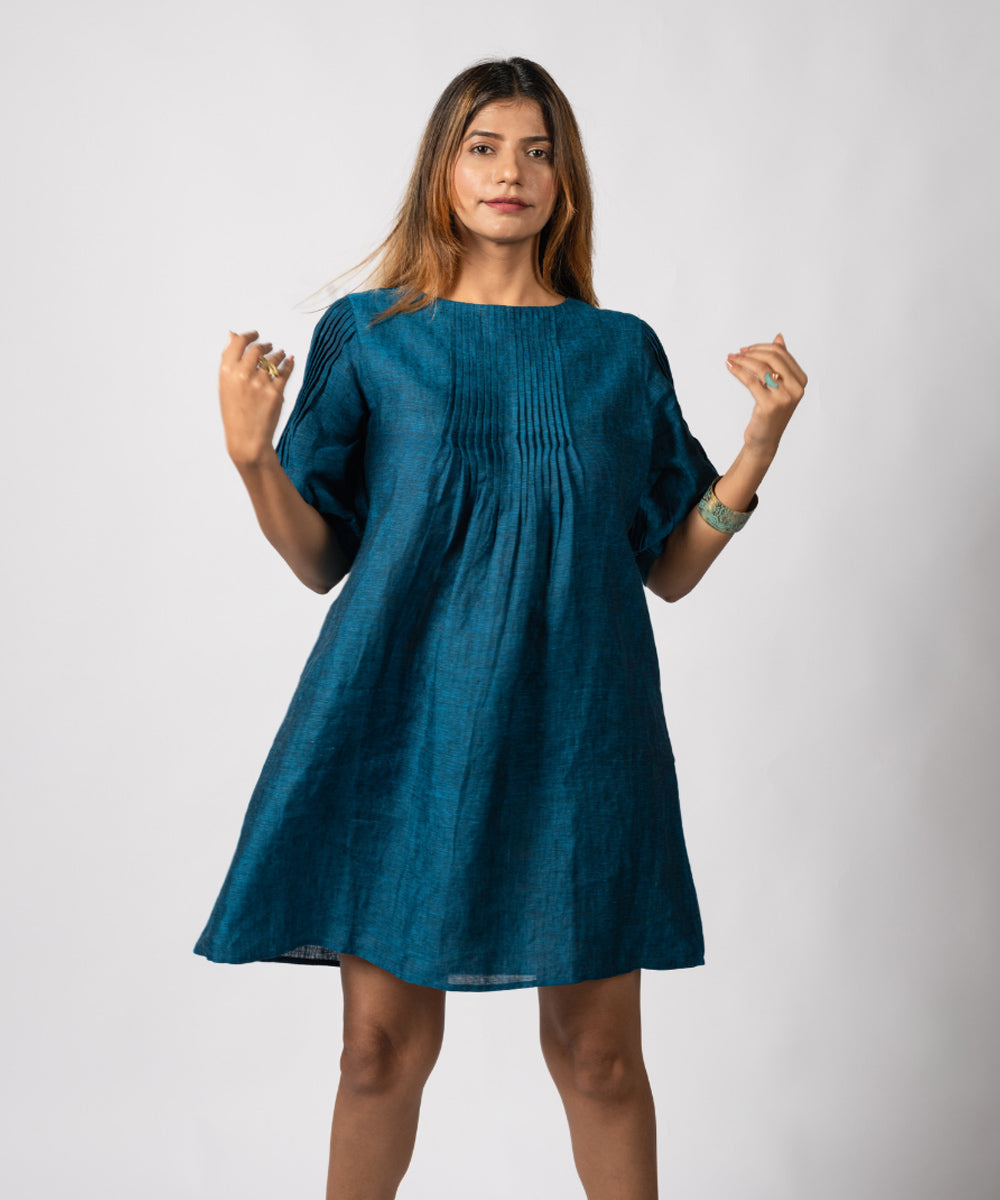 Teal blue handwoven linen dress