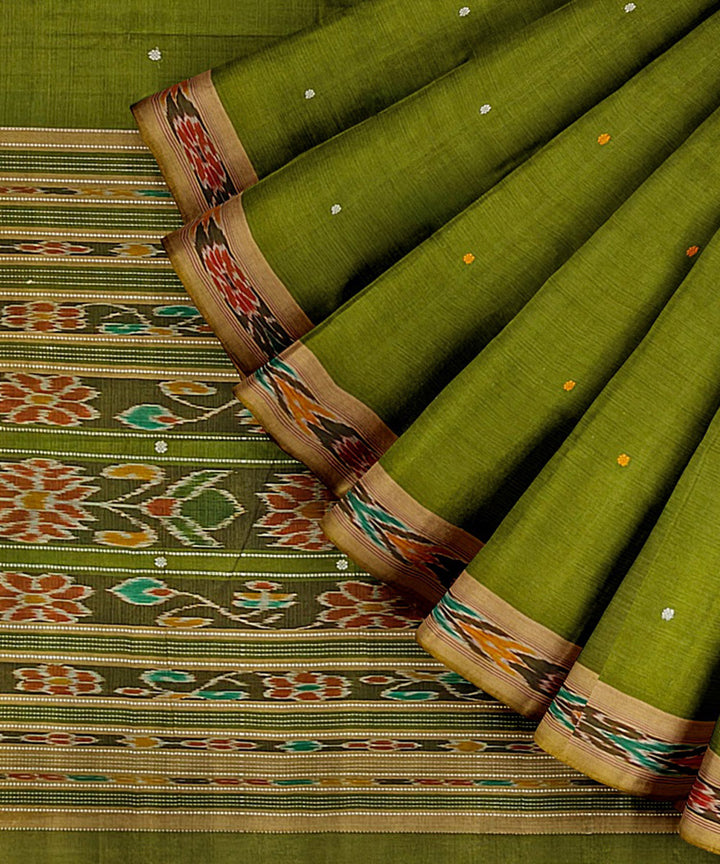 Olive green brown handwoven nuapatna cotton saree