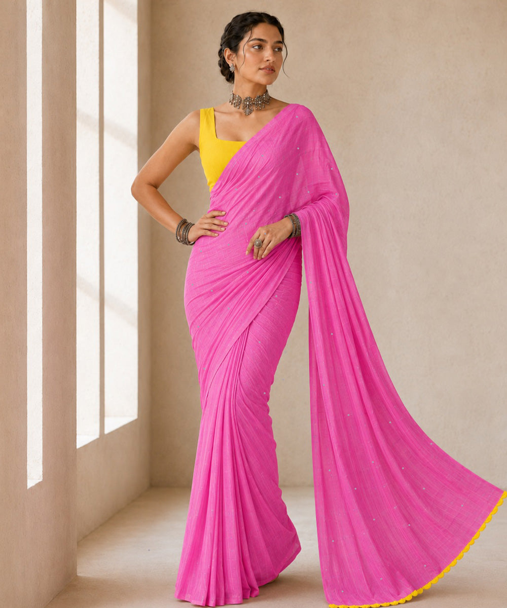 Pink yellow crochet mukaish cotton saree