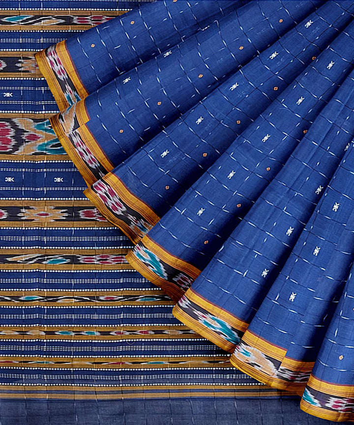 Royal blue yellow cotton handwoven nuapatna saree