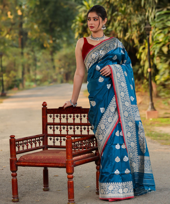 Teal blue red silk handwoven banarasi saree