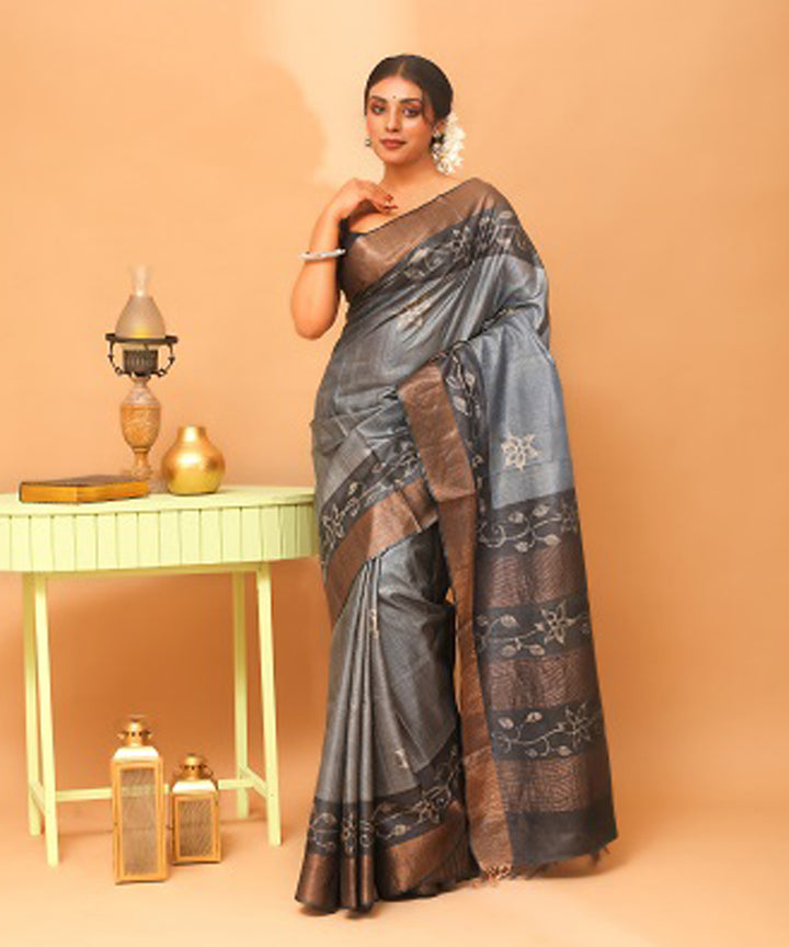 Grey black tussar silk chhattisgarh handloom saree
