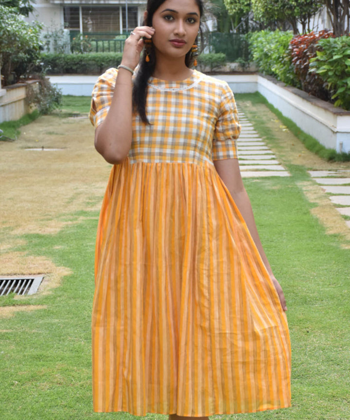 Orange checks and stripes cotton midi dress
