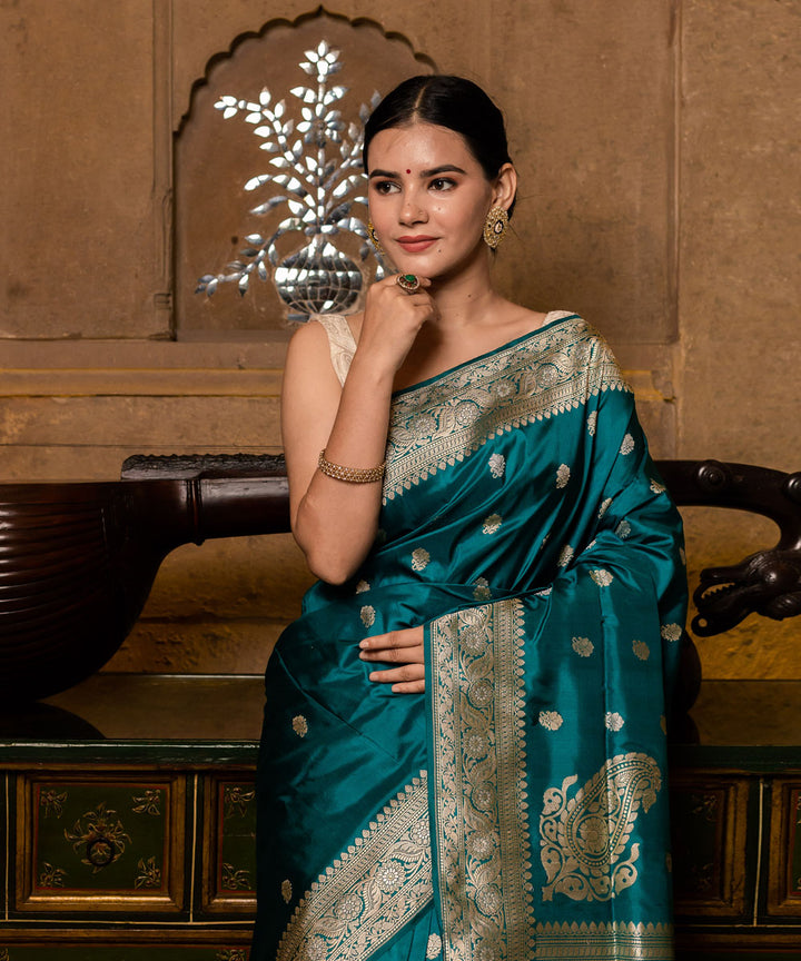 Greenish blue handwoven banarasi silk saree