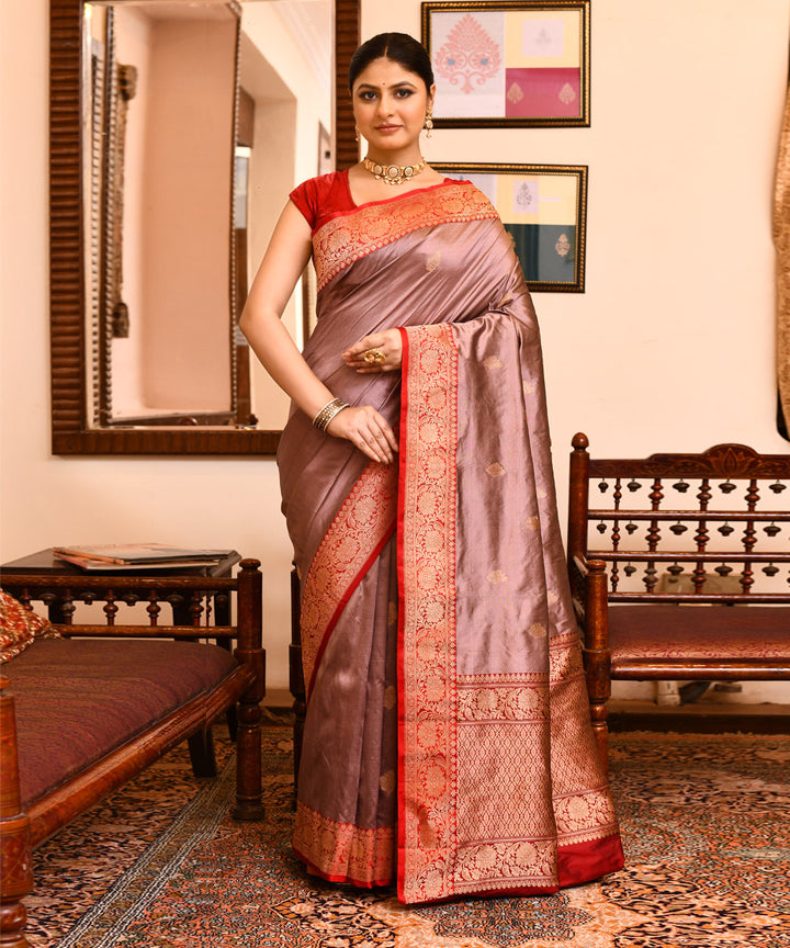 Lavender red silk handwoven banarasi saree