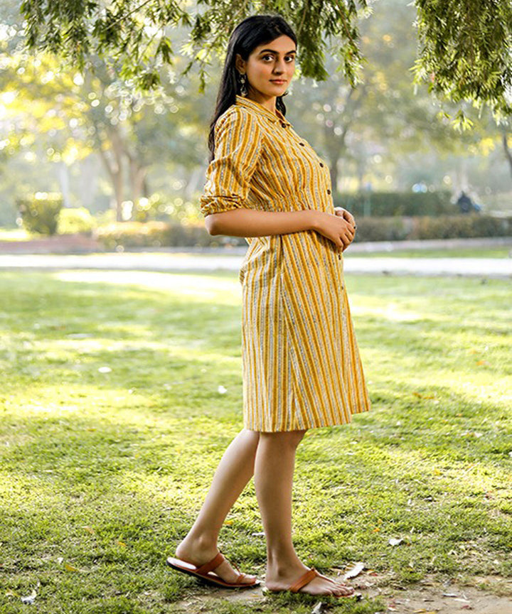 Yellow stripe handblock printed cotton dress