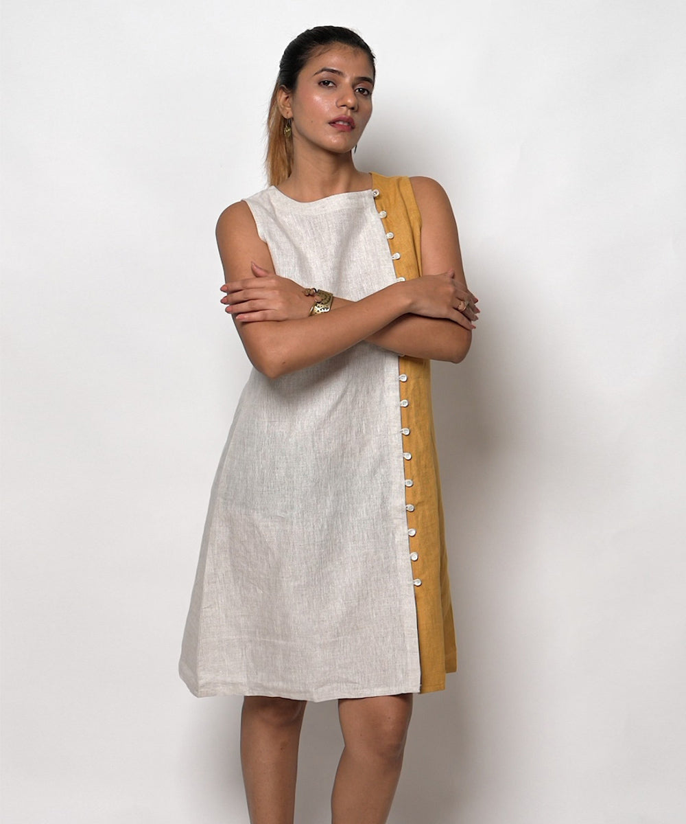 Beige mustard handwoven linen dress