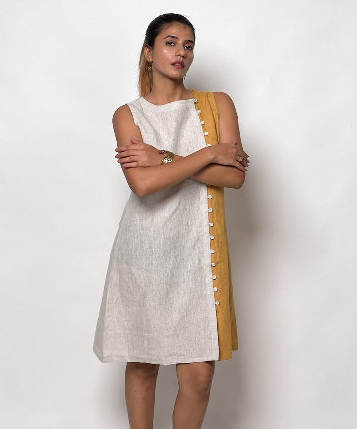 Beige mustard handwoven linen dress