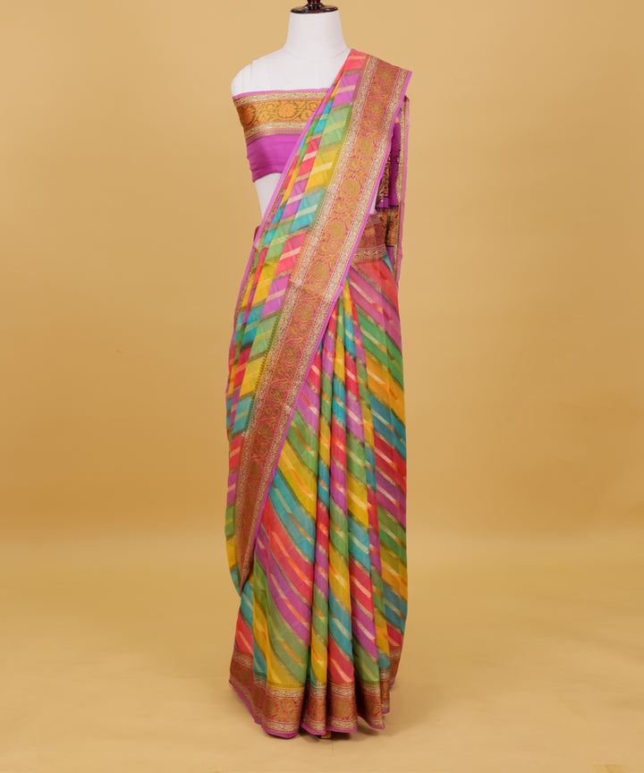 Lavender diagonal stripe silk handwoven banarasi saree