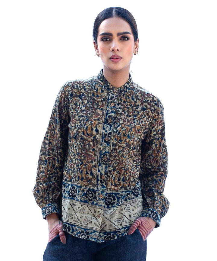 Bottle green handcrafted kalamkari cotton shirt with mandarin collar