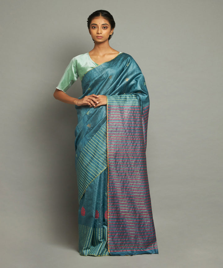 Indigo blue tussar silk hand woven chhattisgarh kosa saree
