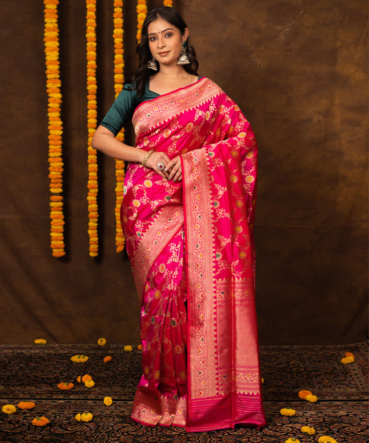 Rani pink jangla handwoven banarasi silk saree