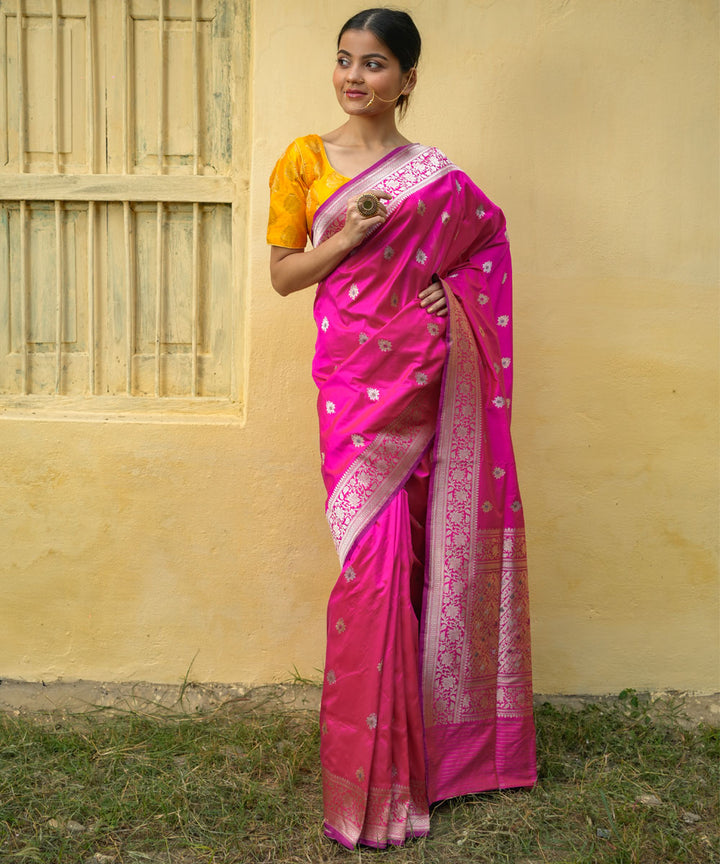 Rani pink booti handwoven banarasi silk saree