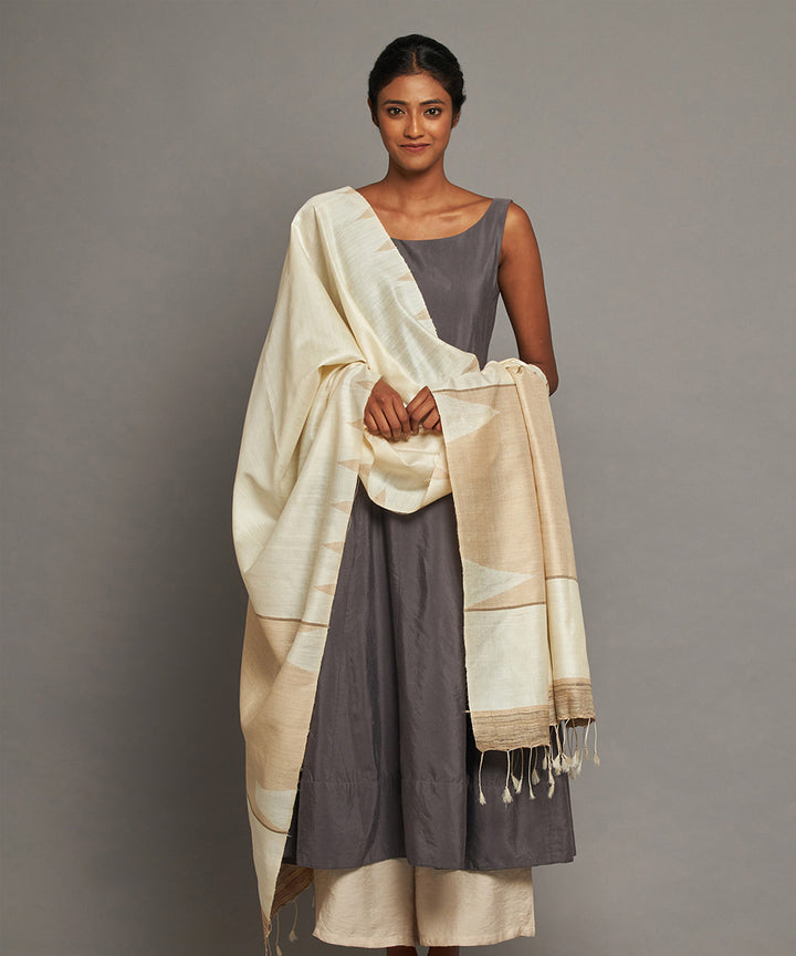 White beige handwoven kosa silk dupatta