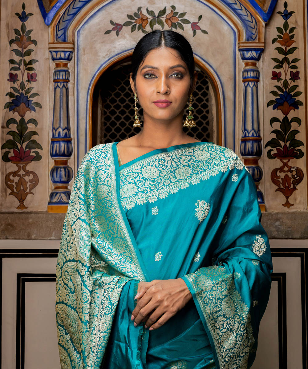 Sea turtle green handwoven silk banarasi saree