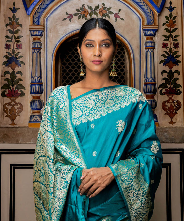 Sea turtle green handwoven silk banarasi saree
